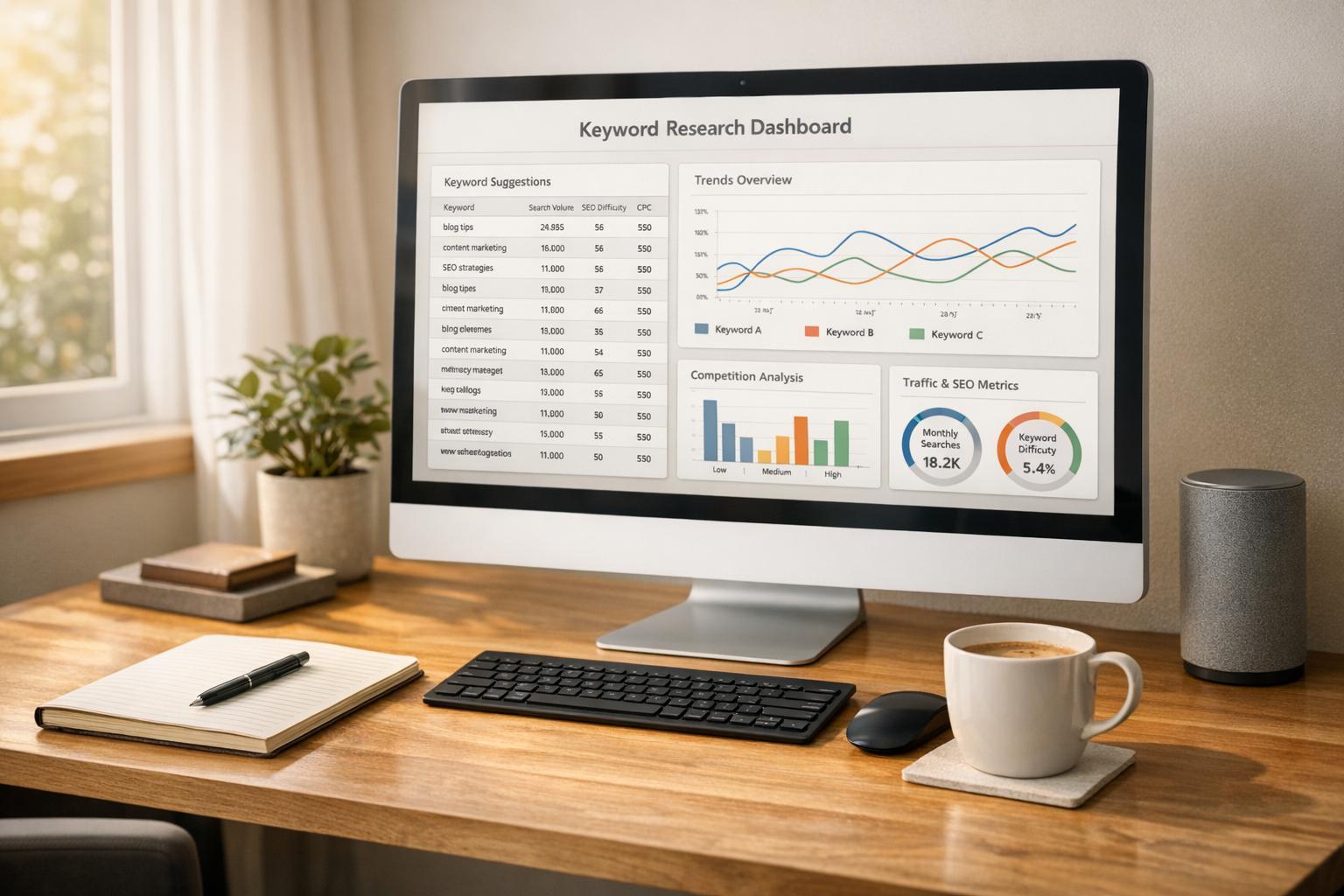 SEO-специалист анализирует сайт, поисковые запросы и результаты органического продвижения